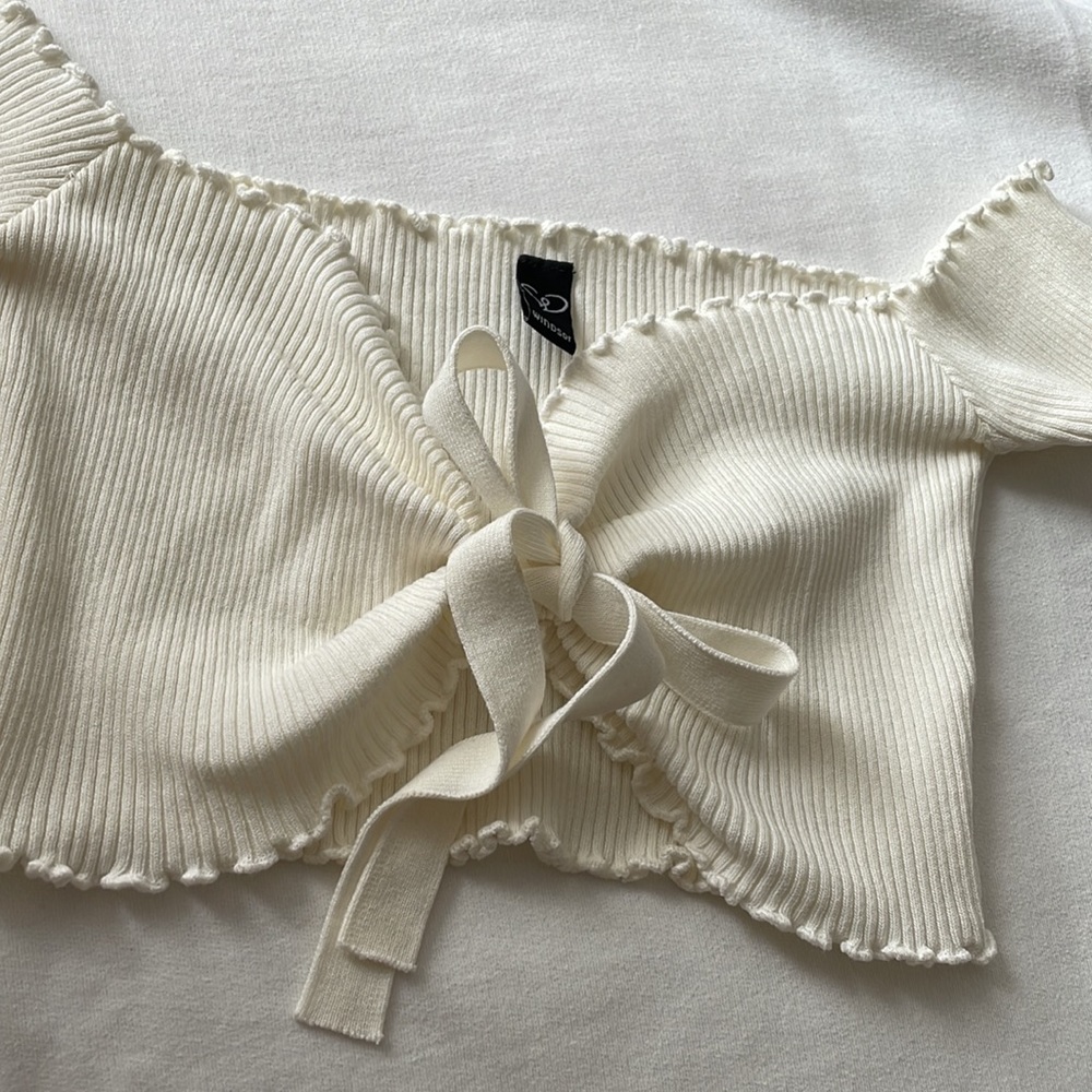 Windsor White Off The Shoulder Ruffle Bow Tie Super Crop Bralette- Size Medium - Picture 2 of 8